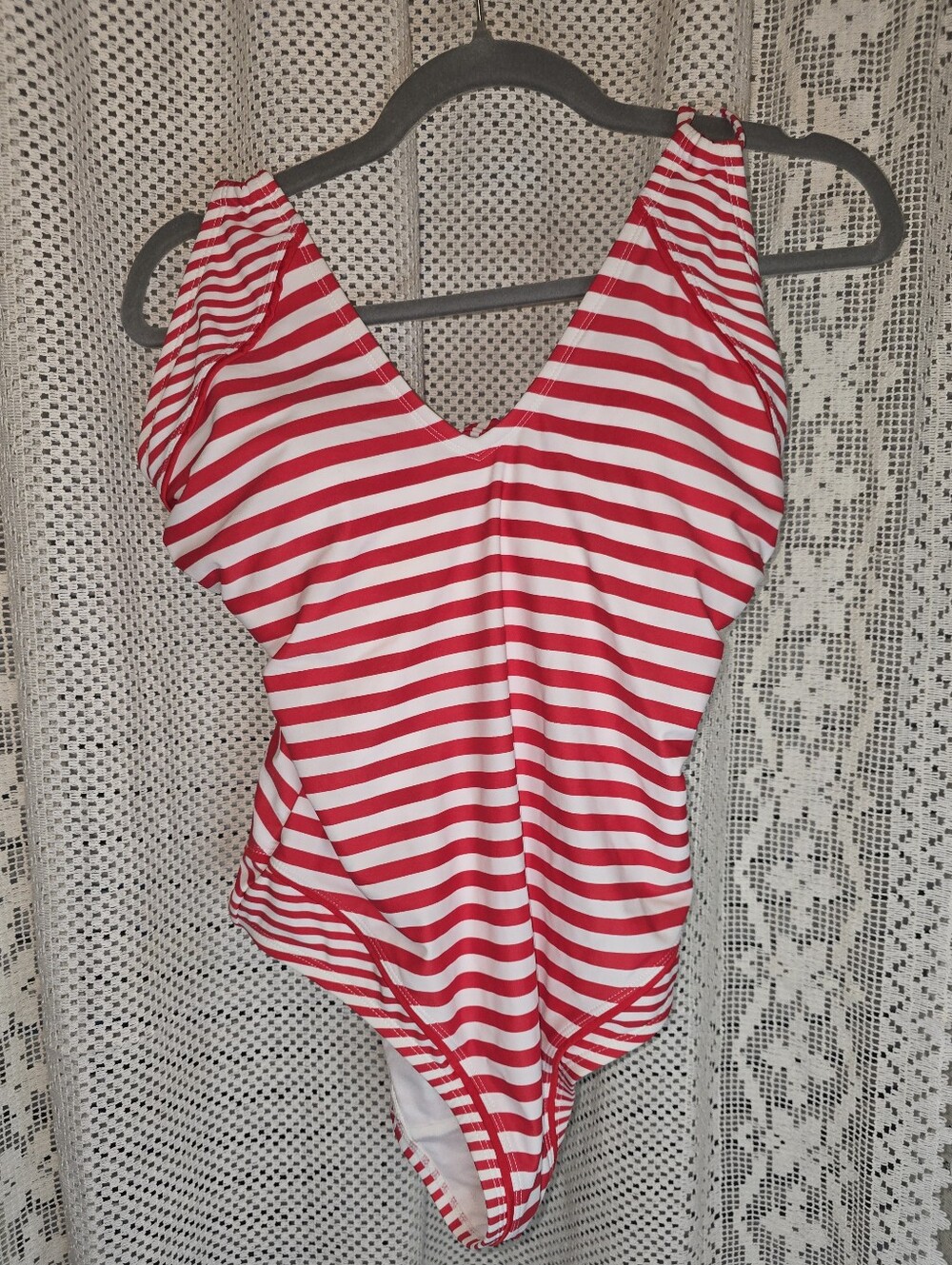 Kona Sol Red And White Striped Swim Suit One Piece Womens Large